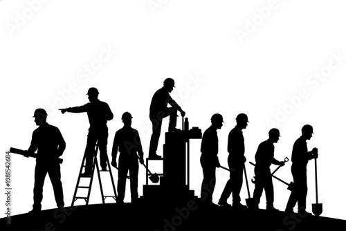 Construction Silhouette: A strong depiction of teamwork, as construction workers work collaboratively. Captured in bold silhouettes, the image evokes a sense of industry and tireless effort.