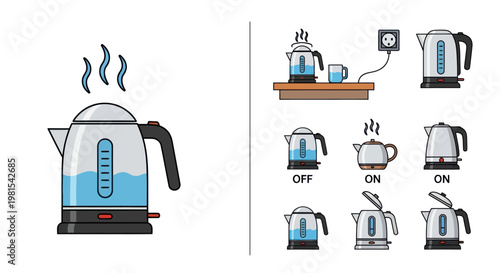 Electric Kettle Collection: Boiling, Off, On, and Water Level Icons