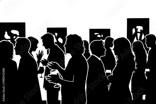 Art Gallery Soiree: A silhouette scene captures an art gallery opening, where attendees mingle and appreciate art, exuding a mood of refined conversation and cultural immersion.