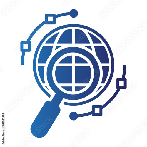 Dynamic global search and data analysis icon representing worldwide information exploration, internet research, and digital network intelligence for strategic insights