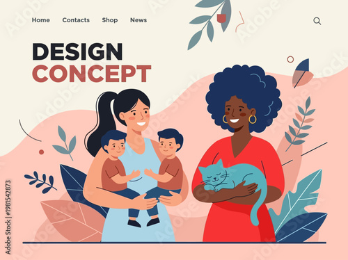 Diverse Women with Twin Boys and Pet Cat Illustration - Modern Landing Page Concept for Family and Community Website Design