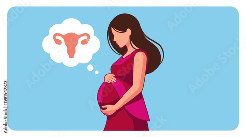 Pregnant Woman Illustration with Reproductive System Thought Bubble - Fertility, Maternal Health, and Obstetrics Concept Vector Art