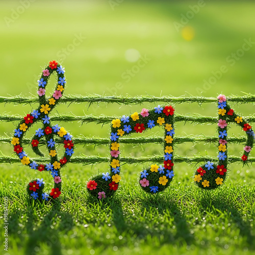 Music Notes Made of Grass and Flowers on Green Background Banner 