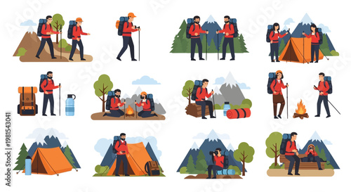 Hiking Adventures: Diverse Scenes of Backpackers Exploring Mountains and Camping