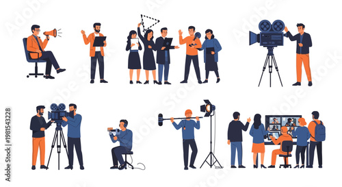 Filmmaking crew working together on set, diverse team in production