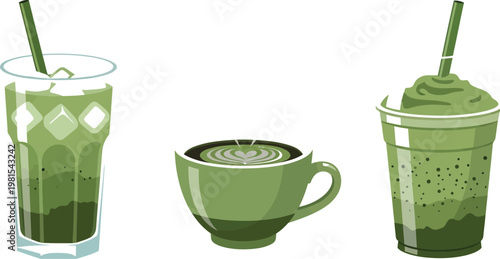 Three varieties of green beverages in different serving styles Vector