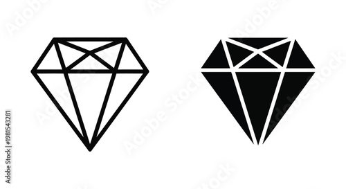 Minimalist diamond gemstone icons in outline and solid black silhouette styles for luxury branding and jewelry design