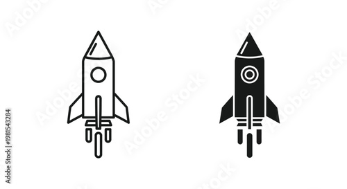 Set of two minimalist rocket ship icons in outline and solid silhouette styles, representing business startup launch, technological innovation, and rapid growth concepts.
