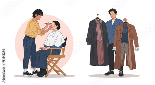 Filmmaking process: Makeup artist applying makeup, costume designer with outfits