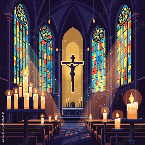 Crucifix on altar in church interior.