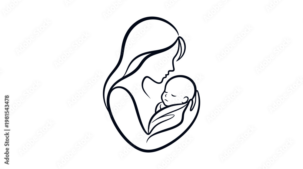 Fototapeta premium Minimalist Line Art Illustration of Mother Holding Newborn Baby, Motherhood and Childcare Concept Vector Drawing