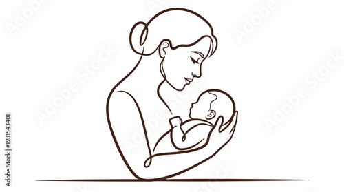 Minimalist continuous line art of a mother tenderly holding her newborn baby, symbol of motherhood, unconditional love and care