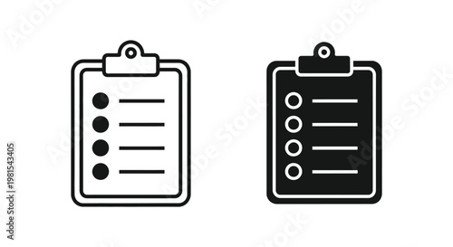 Minimalist clipboard icons with checklist and task list for business organization, project management, and productivity tracking in professional office environments.