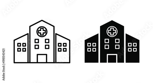 Set of minimalist hospital and medical clinic building icons in outline and solid black styles for healthcare facility branding and emergency service applications