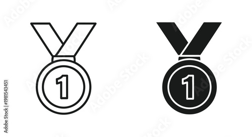 Minimalist first place medal icons in outline and solid black styles representing victory, achievement, and top performance for sports competitions or business success.