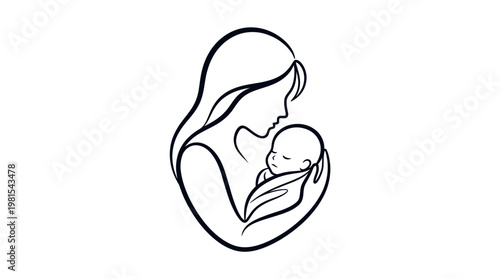 Minimalist Line Art Illustration of Mother Holding Newborn Baby, Motherhood and Childcare Concept Vector Drawing