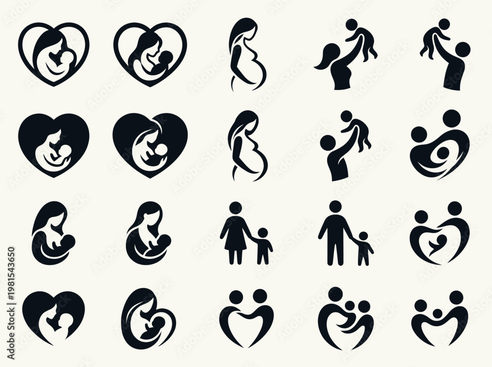 Obraz premium Family and Motherhood Silhouette Icon Set - Pregnancy, Parenting, and Love Symbols