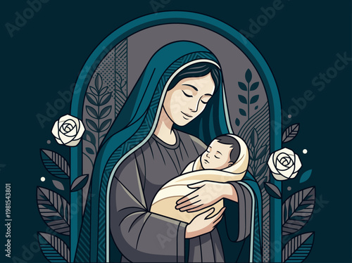 Bild auf Leinwand Modern Stylized Illustration of Virgin Mary Holding Baby Jesus - Mother and Chil