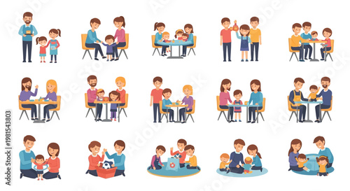 Happy Families Enjoying Meals Together: Diverse Scenes of Parents and Children Dining