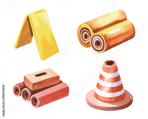 Fotografía Watercolor Construction Equipment Elements Vector Illustration, Hand Drawn Build