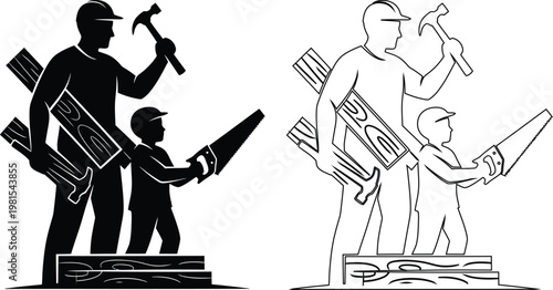 Father and son working together using carpentry tools illustration