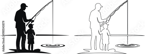 Father teaching child how to fish by the water