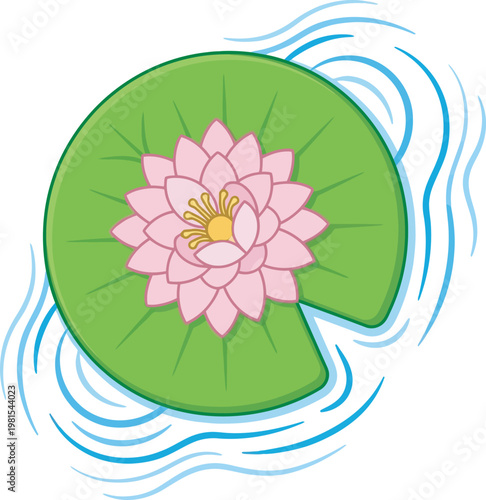 Top-down view of a pink water lily on a green lily pad. Flat vector illustration with blue ripples for meditation, spa branding, and aquatic nature themes. Isolated on transparent background.