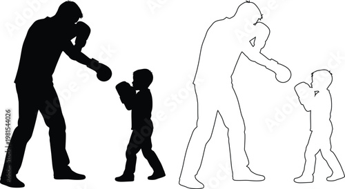 Adult teaching child how to box with boxing gloves