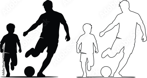 Children playing soccer with adult players silhouette illustration