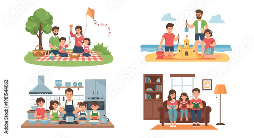 Happy Family Activities: Picnic, Beach, Cooking, Reading Together