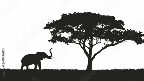 An imaginative and striking silhouette design featuring a solitary elephant standing beneath two tall trees whose branches elegantly arch overhead, forming a natural, protective canopy or an artistic 
