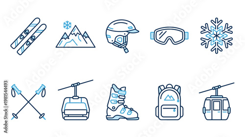 Vector linear icon set for skiing and winter sports. Includes equipment skis, boots, helmets, goggles, and chairlifts. Great for seasonal designs