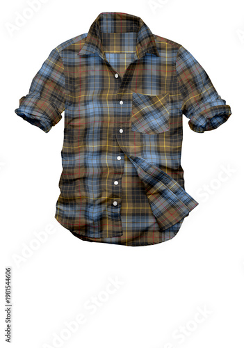 Men's Blue and Olive Plaid Button-Down Shirt with Rolled Sleeves, Ghost Mannequin Style Isolated on White