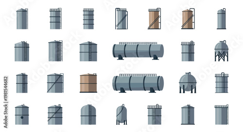 Industrial Storage Tanks Vector Collection: Various Types of Silos, Cisterns, and Vessels