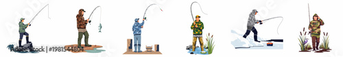 A collection of flat vector illustrations featuring fishermen in various outdoor settings, including rivers, beaches, and snowy landscapes.