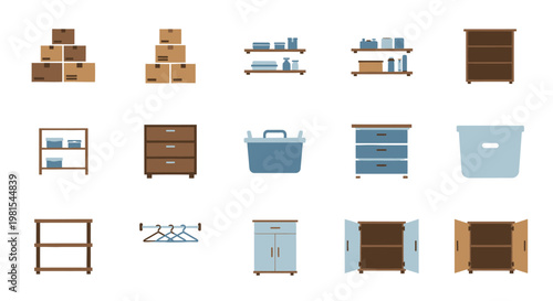 Storage Solutions: Boxes, Shelves, Cabinets, Bins, Drawers, Hangers - Vector Icons