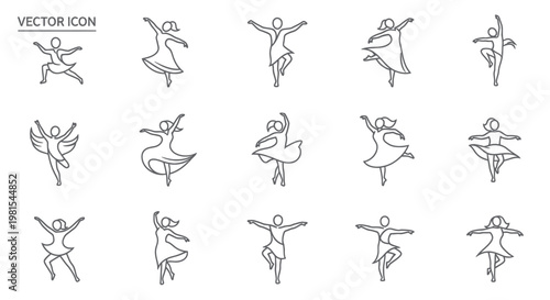 Ballet Dancer Poses Vector Icons Set: Elegant Line Art Illustrations of Graceful Movements