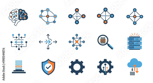 AI Brain Network Data Analysis Technology Icons Set