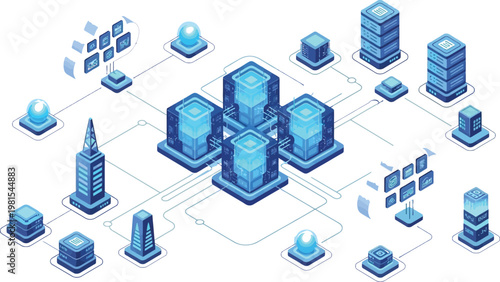 Modern network infrastructure with interconnected data centers and buildings Vector
