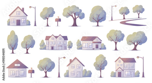Cozy Neighborhood Collection: Houses, Trees, Streetlights, Mailboxes - Vector Illustrations