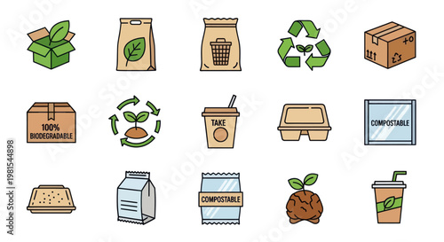 Eco-friendly Packaging Icons: Compostable, Biodegradable, Recycling Symbols