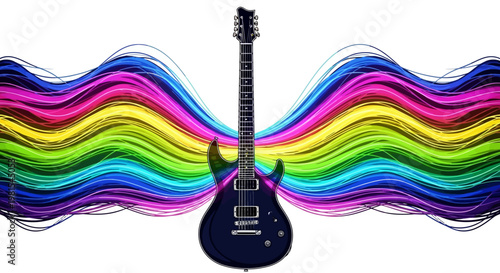 A black electric guitar stands with colorful wavy lines behind it.