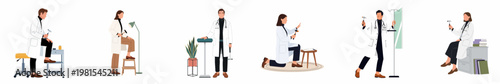 Vector set of professional male and female doctors in white coats, featuring diverse poses and medical equipment for healthcare and clinical concepts.