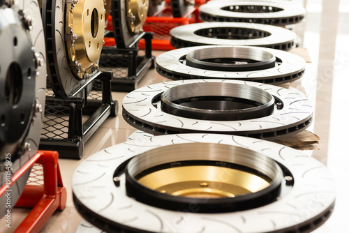 Cuadro en lienzo Close up brake disc rotors with drilled and slotted surface performance automoti