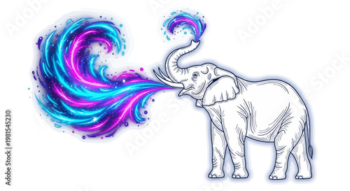 A colorful wave shoots out from an elephant's trunk in a whimsical scene.
