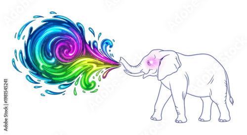 Elephant creates colorful swirling rainbow storm with trunk outdoors.