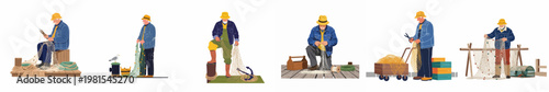 Collection of flat vector illustrations depicting elderly fishermen mending nets and working on a dock, isolated on white background.