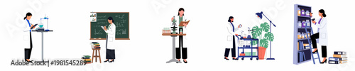 Set of flat illustrations showing female scientists in various laboratory settings, conducting experiments, researching, and organizing medical or scientific data.