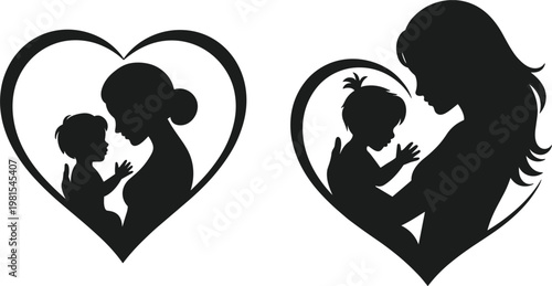 Mother and baby silhouette set in heart shapes, maternal love and Happy Mothers Day