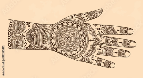 An alevidhanu henna design on a woman's hand with intricate patterns and alevidhanu motifs